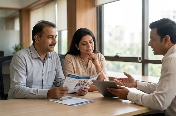 LIC agent explaining a retirement plan to a senior couple, representative of pension planning guidance offered in Erandwane