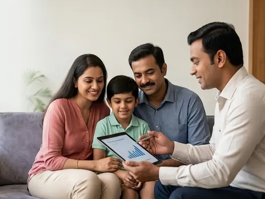 LIC agent in a family consultation on child and family insurance planning, representative of guidance offered to families in Dhayari