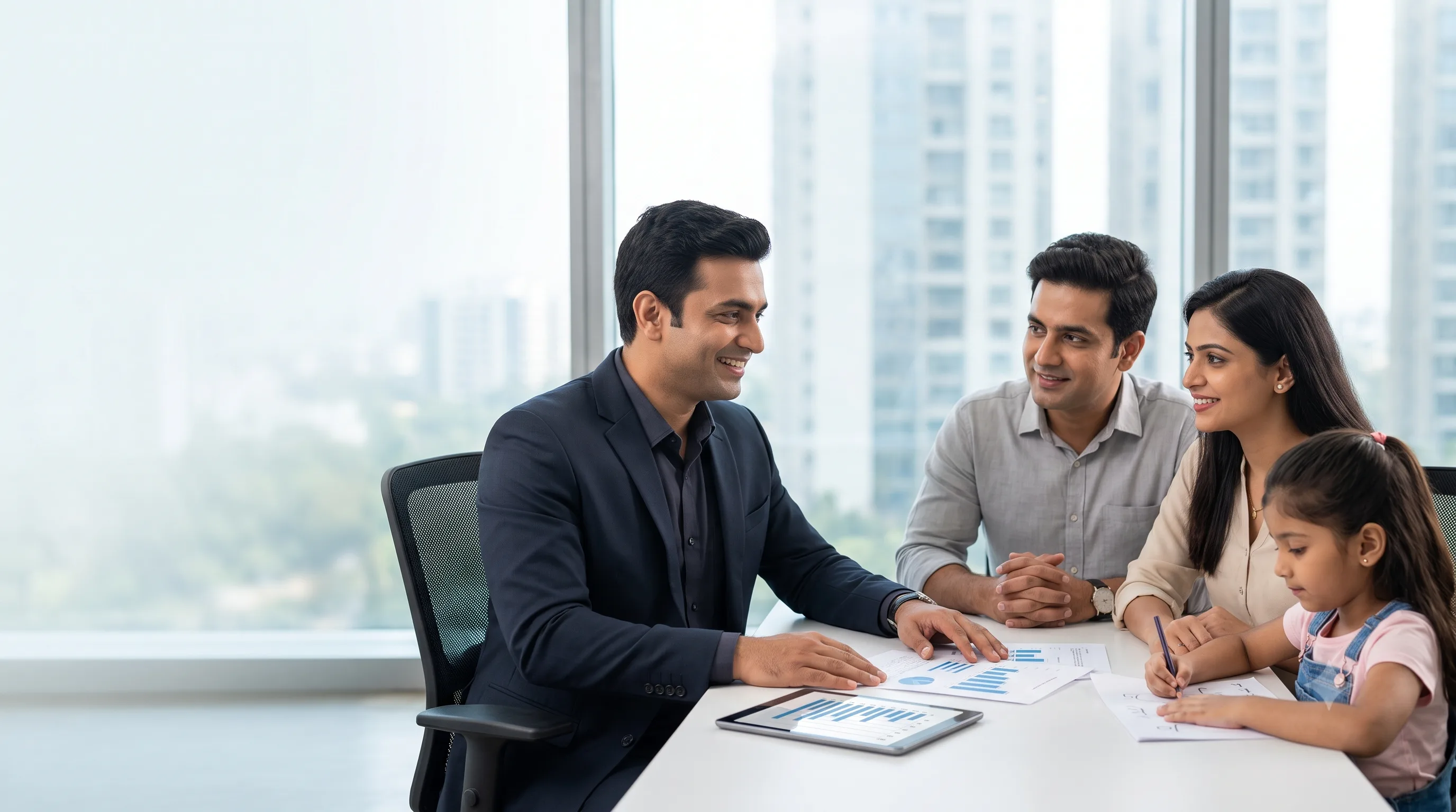 Parents reviewing an LIC term insurance plan together to protect their family's financial future